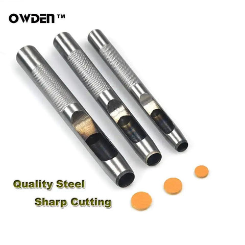 9 Piece Hollow Punch Set With Free Cutting Mat For Leatherwork, featuring heat treated steel punches with non-slip handle for precise cutting.