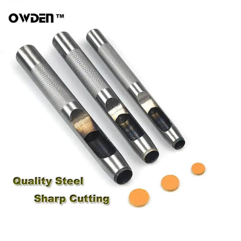 6 Piece Hollow Hole Punch Set With Free Cutting Mat for DIY leatherwork, showing metal punches and example cut-out shapes.