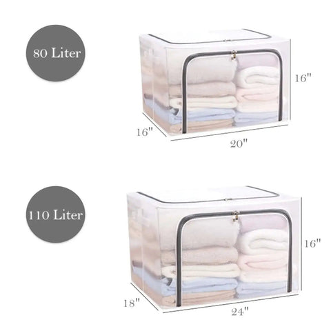 Huge 80L Foldable Storage Bins Organizer With Metal Frame And Durable Handles Clear And Gray 3 Pack For Clothes Bedding Toys