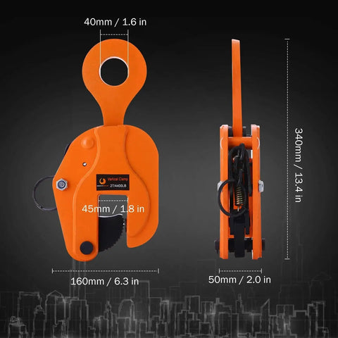 Vertical Plate Lifting Clamp 2 Ton 4400 Lbs for Sheet Metal Heavy Duty Lift front and side view with dimensions.