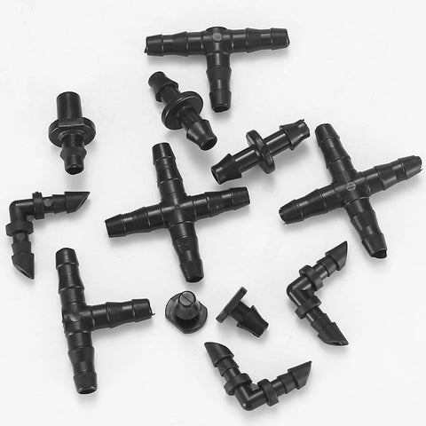 Black plastic irrigation fittings kit for 1/4-inch tubing, includes barbed tees, elbows, crosses, end plugs, and 4-way couplings.