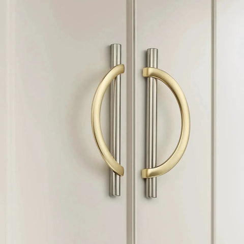 Brushed Brass And Brushed Nickel Cabinet Pulls 5 Inch Center To Center Curved Handles on kitchen cupboard