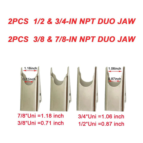 18 Inch Quick Coupler Pipe Clamps Includes Four Duo Jaw Sets With Jaws In One Half And Three Quarter Inches And Seven Eighths And Three Eighths Inches For Hydraulic Pipe Clamps Quick Coupler Tool Suitable For Excavators And Tractors Carbon Steel Upgrade shown with measurements and labels