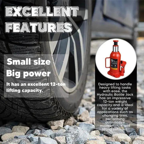 12 Ton Hydraulic Bottle Jack With Carrying Case Lift 8 To 15 Inches For Cars RVs alongside tire and text features