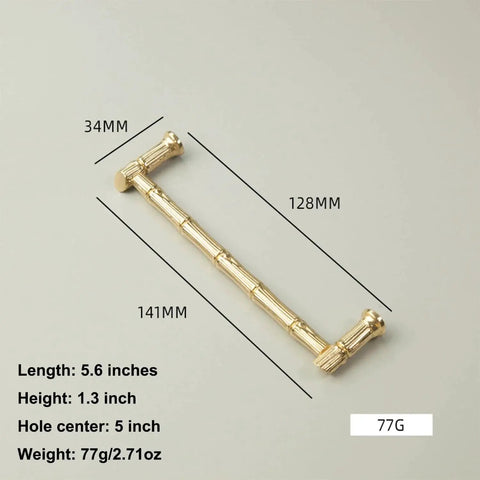 Gold Brass Bamboo Shape Cabinet Handle, Antique Brushed Copper Finish, Solid Brass, 141mm with Dimensions, Drawer Pull