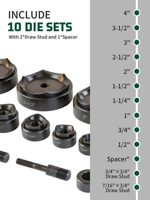 10 die sets from 12 Ton Hydraulic Knockout Punch Kit For Electrical Conduit, sizes 1/2 to 4 inches, with draw studs and spacer.