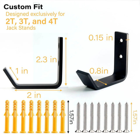 Wall Mount Jack Stands Holder 4 Pack Heavy Duty Stainless Steel Fits 2 3 4 6 Ton with dimensions, screws, anchors