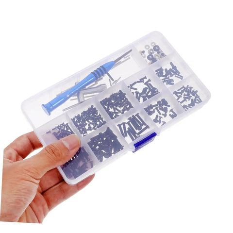 Pro Grade All In One RC Car Repair Tool Set With Assorted Screws Bolts Nuts And Fasteners Kit in transparent case with compartments.