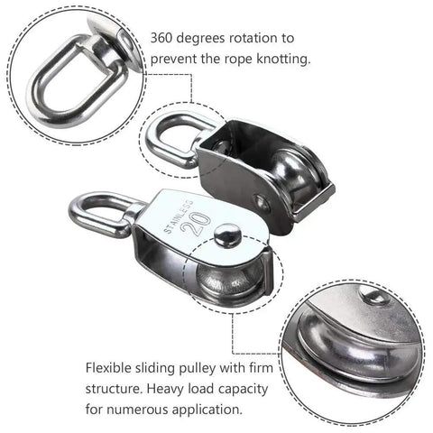 2 Pcs 304 Stainless Steel M20 Silver Single Pulley Block For Wire Rope Hanging And Towing Wheel 20mm Wheel Diameter