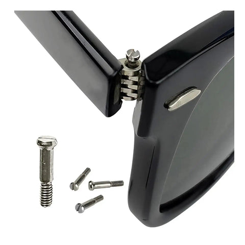 Close-up of sunglasses frame hinge with four replacement hinge screws for Wayfarer RB2140 RB4340 sunglasses and eyeglasses.