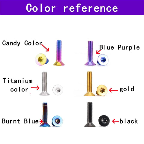 Color reference for titanium alloy countersunk screws in various finishes including candy color, blue purple, gold, and black.