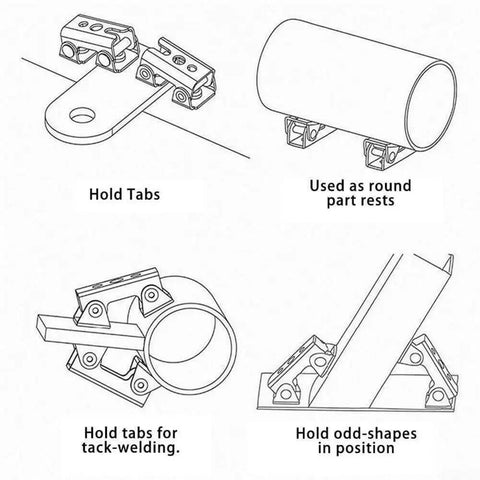 Illustration of Heavy-Duty Adjustable Magnetic Welding Clamps 4-Pack, V-Type Fixture Holder demonstrating various uses on metal parts.