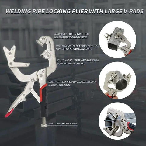 Heavy Duty Workhorse Welding Pipe Pliers Clamp With Fast Release C Clamp Locking Large V Pads Adjustable V Jaw overview