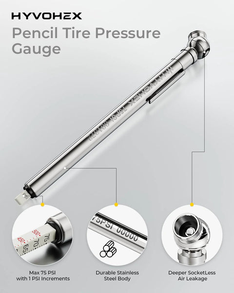 Amazon Pencil Tire Pressure Gauge 2-pack with stainless steel body and valve caps for cars, pickups, RVs, bicycles