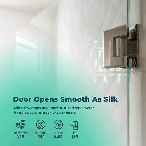 Glass door hinge demonstrating "Multi Purpose Penetrating Oil 2oz No More Squeaks On Door Hinges, Sewing Machines, Gym Equipment, Fans And Clocks, Rust Removal Plus Long Lasting Lubrication For Quick Fix Any Squeak" use
