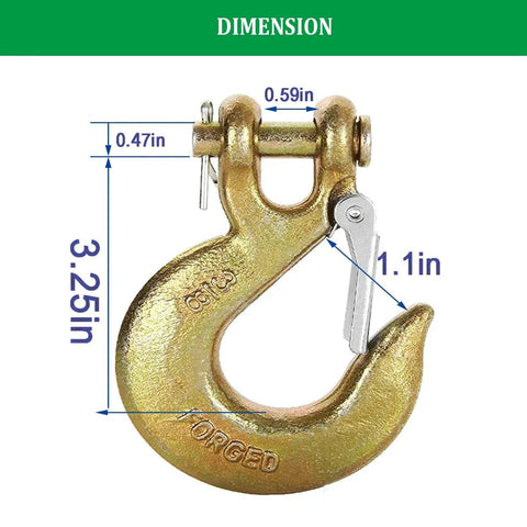 Dimensions of 2 Pack 3/8 Inch Slip Hook With Safety Latch, G70 Forged Steel Tow Chain Hook, 18,000 Lbs Capacity
