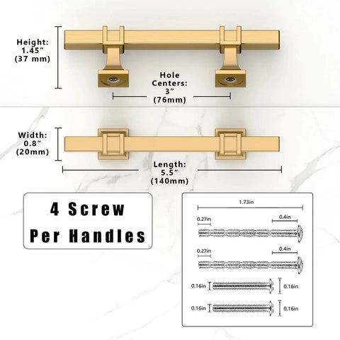 Detailed dimensions of Champagne Bronze Cabinet Pulls 3 Inch 76mm 10 Pack including length, width, height, and screw specifications.