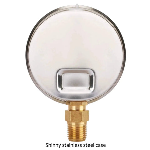 Back view of Glycerin-Filled Plumbing Pressure Gauge For Gas And Non-Corrosive Liquids, shiny stainless steel case