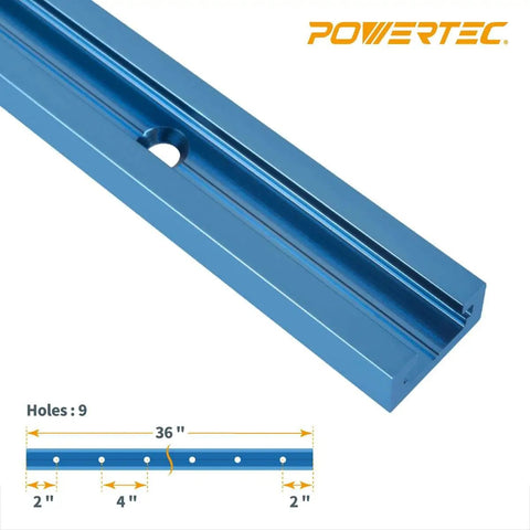 36 Inch Double Cut Universal T Track with Predrilled Mounting Holes for Woodworking Jigs, anodized aluminum, front view