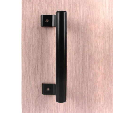 Front view of installed Two Piece 8 Inch Aluminum Alloy Sliding Door Handle Set, Modern Black Metal Pulls For Balconies, Bathrooms, Patios.