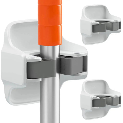 3 Pack Wall Mount Mop And Broom Holder Dustpan Organizer Self Adhesive No Drill with gray grips holding a broom handle