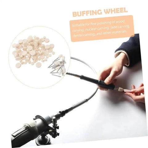 Person holding drill with wool polishing wheel from the 120 Pcs Wool Polishing Wheels Set With Arbor Shank Buffing Pads Kit For Drill Polisher.