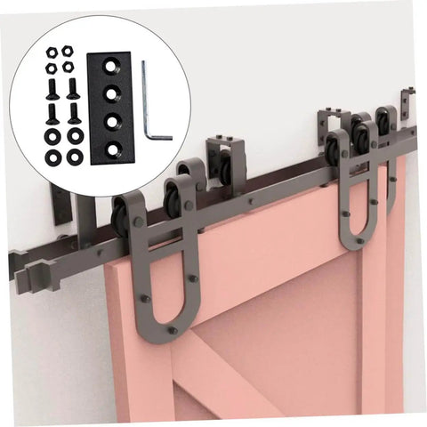Heavy Duty Track Connecting Brace Set For Barn Door Flat Track Bracket Connector With Carbon Steel Mending Plates And Sturdy Screws Built Tough For Smooth Sliding Doors installed on barn door