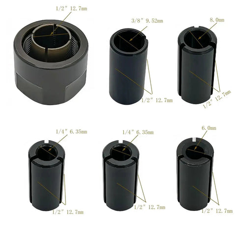 Collet Nut Cone Set For Router, Heavy Duty Half Inch Nut With Mixed Collets 6.0mm, 6.35mm One Quarter Inch, 8.0mm, 9.52mm, Six Pack