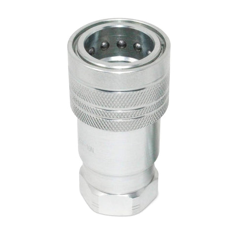 Front view: Summit Hydraulics quick-connect coupler, Pioneer style, 1-inch NPT, ISO 5675, silver metal.