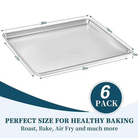 Heavy Duty Aluminum Baking Sheet Pan Set 26 By 18 Inches 6 Pack Commercial Quality Cookie Trays For Oven Freezer Bakery Use