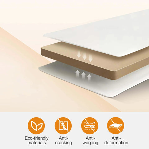Illustration of layered MDF construction showing eco-friendly, anti-cracking, anti-warping, and anti-deformation properties.