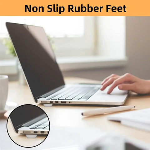 Laptop with self adhesive rubber bumpers for cutting boards and appliances, clear square pad feet, 20 pack installed.