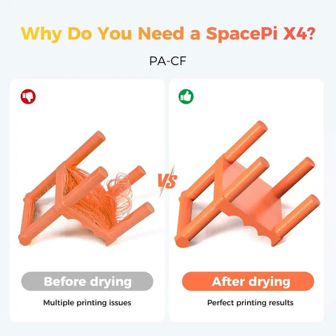 Comparison of 3D prints showing before and after using Space Pi X4 Filament Dryer For Four Spools With Space Pi X4 Storage Box Dual Heating Chambers.