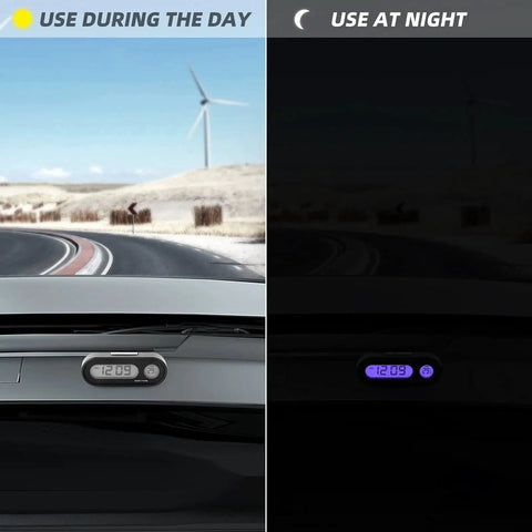 Car Digital Temperature And Time Clock With LCD Backlight and Celsius Readout shown on a car dashboard day and night view.