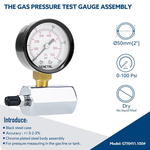 SENCTRL gas pressure test gauge assembly, 2-inch dial, 0–100 psi, 3/4-inch FNPT brass valve, chrome-plated steel body.