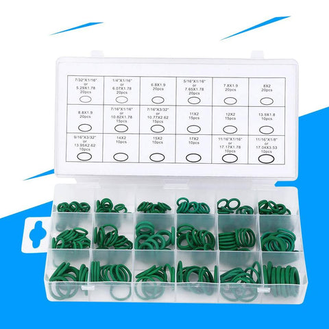 High temperature nitrile O-ring seal kit, 270 pcs, green rings in a clear multi-compartment storage box