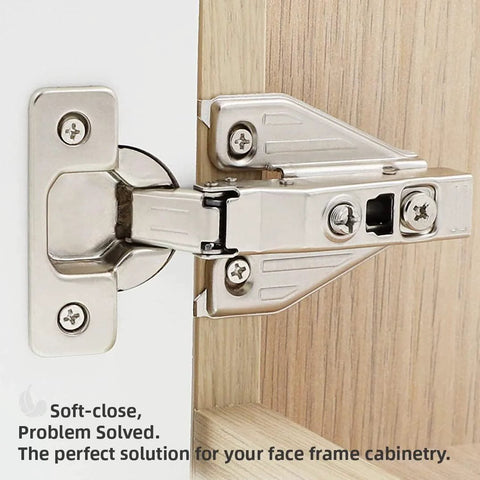 DecoBasics 2-pack full-overlay cabinet hinges, silver metal, soft-close with clip-on mounting plate