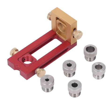 Six Piece Drill Jig Kit With Adjustable Bushings For Precise Woodworking Holes And Quick Assembly, showing jig with bushings