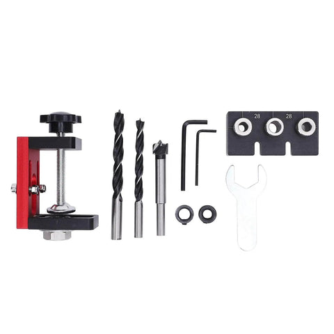 Three In One Dowel Jig Kit Pocket Hole Jig With Adjustable Woodworking Drill Locator 8mm 10mm 15mm Dowel Guide Woodworking Puncher Precision Guide For Furniture Assembly DIY Projects including drill bits and tools, side view.