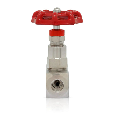 Stainless Steel 304 Needle Valve 1/4 Inch NPT for 6000 PSI High Pressure with red handle, front view, for Lab, Process Systems and Industrial Piping UNOX.