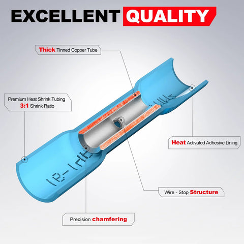 AIRIC Heat Shrink Butt Connector, blue insulated marine-grade 22–16 AWG, 100 pcs