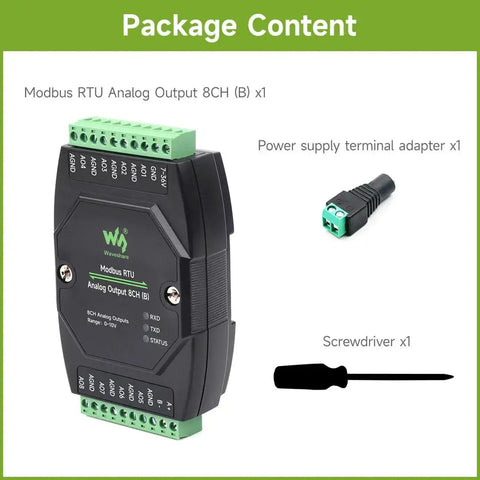 Industrial 8 Channel Analog Output Module With 12-Bit DAC For 8 Simultaneous Voltage Outputs, RS485 Modbus RTU Ready package content