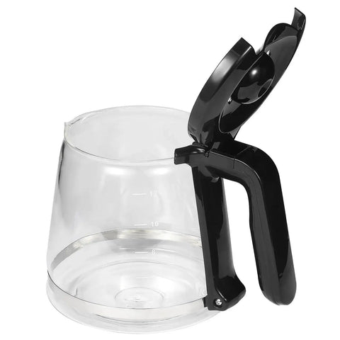 Front view of 12-cup glass coffee carafe with black plastic handle and hinged lid; replacement pot for Mr. Coffee.