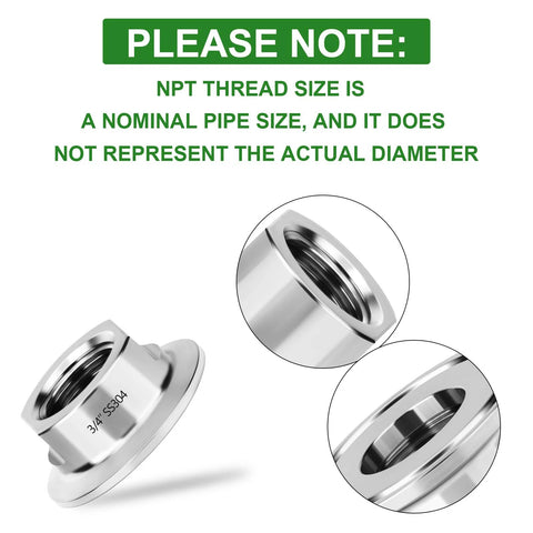 Two stainless steel 1.5in tri-clamp to 3/4in NPT female sanitary fittings, SS304 ferrule 50.5mm OD