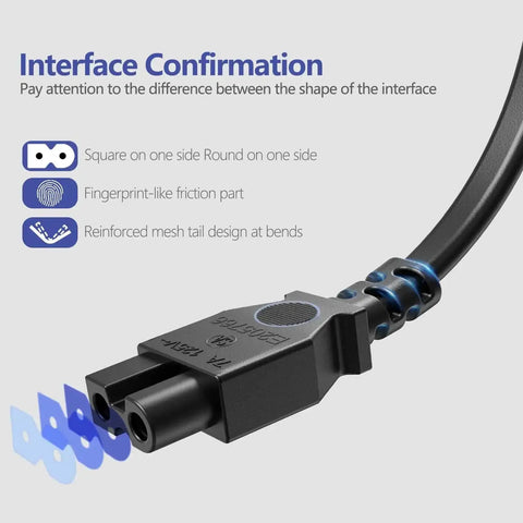 Six Foot Sewing Machine Power Cord AC Cable Replacement, Two Slot Plug, UL Listed 18 AWG Wire with detailed connection view.