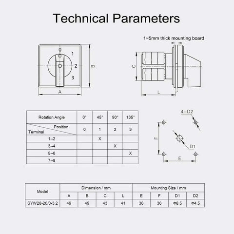 Technical parameters for 4 Position 8 Terminal Universal Rotary Cam Changeover Switch SYW28-20 Latching 550V 20A