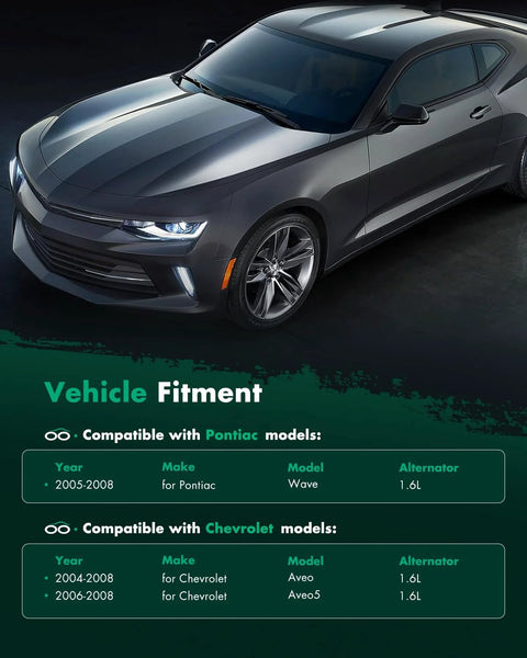Vehicle fitment chart for Chevrolet Aveo 1.6L 2004-2008 and Pontiac Wave 1.6L 2005-2008 compatibility with alternator.