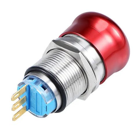 19mm Metal Latching Emergency Stop Push Button Switch DPST 1 NO 1 NC Red For Panel Mount, side view with visible pins