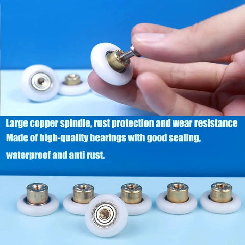 Close-up of Six Pcs Shower Door Rollers With Copper Core And POM Wheels, Stainless Steel Screws, for glass doors, corrosion resistant.