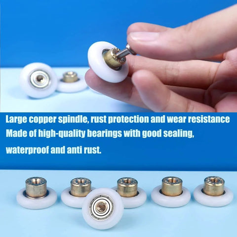 Six Pack Shower Door Rollers Wheels Replacement Kit showcasing a copper spindle and roller bearings for glass bathroom doors.